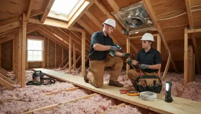 Electrician installing an attic fan in a Tacoma, WA home