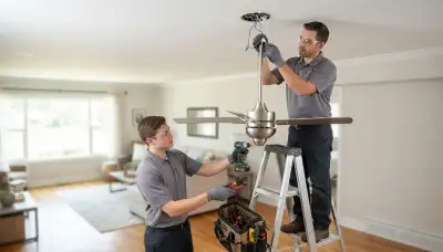 Electrician installing a ceiling fan in a Tacoma, WA home
