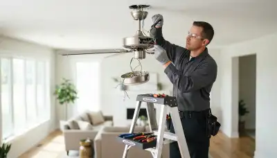 Electrician repairing a ceiling fan in a Tacoma, WA home