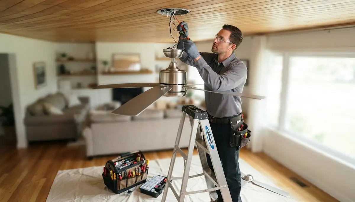 Electrician repairing a ceiling fan in a Tacoma, WA home