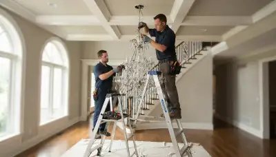 Chandelier installation service by a Tacoma, WA electrician in a residential home