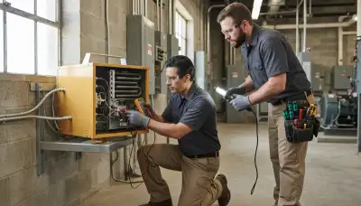 Electrician inspecting an electric heater and electrical panel in a Tacoma, WA home