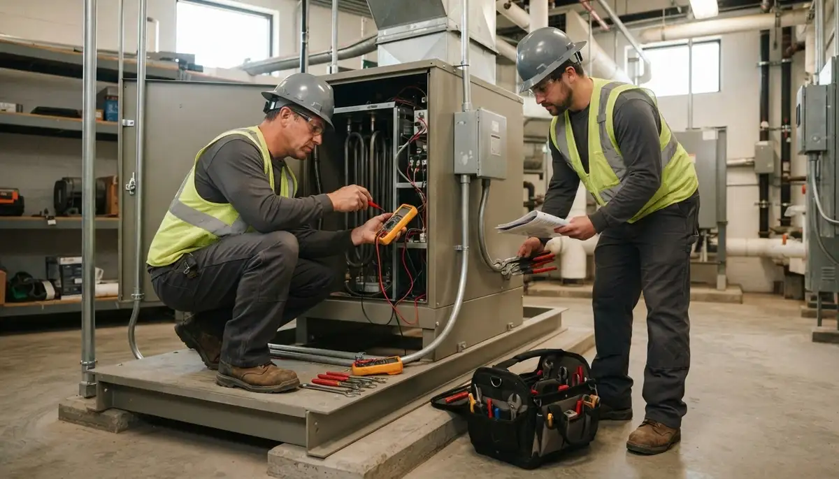 Electrician inspecting an electric heater and electrical panel in a Tacoma, WA home