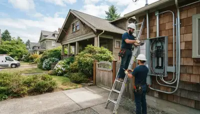 Tacoma, WA electrician installing professional Christmas lights on a residential property