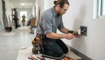 Electrician installing a GFCI outlet in a Tacoma, WA home