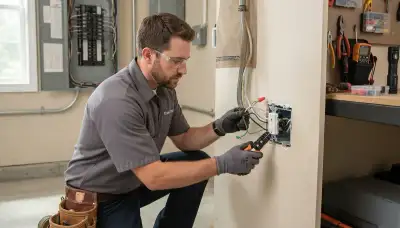 Electrician inspecting GFCI circuits in a Tacoma, WA home