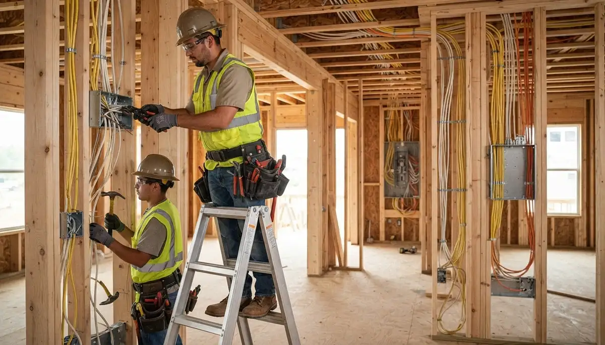 Electrician installing new construction wiring in a Tacoma, WA home