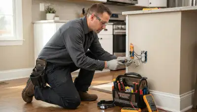 Electrician repairing a residential electrical outlet in Tacoma, WA
