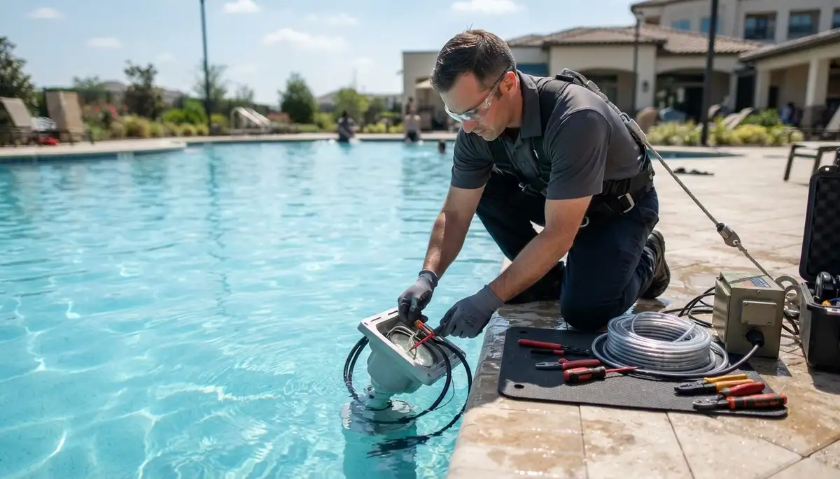 Electrician installing pool lights for a Tacoma, WA homeWinvalid