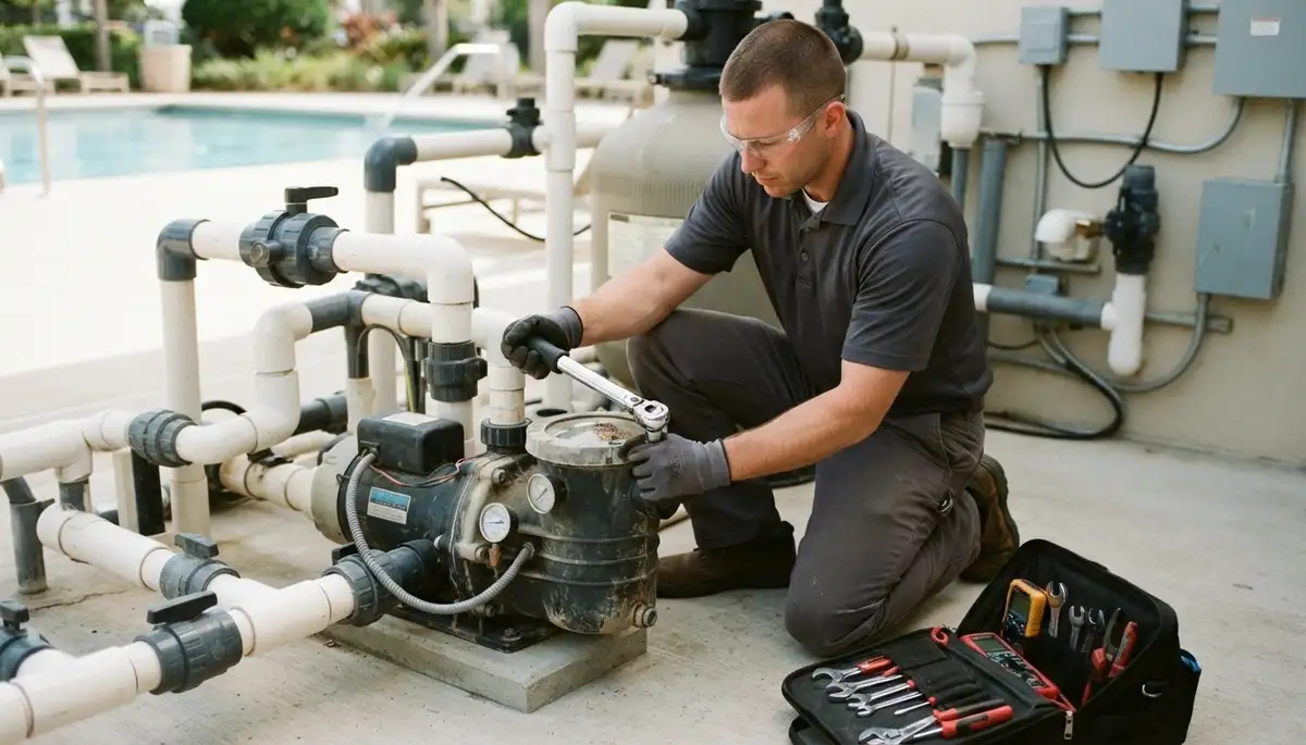 Electrician installing pool pump wiring at a Tacoma, WA home