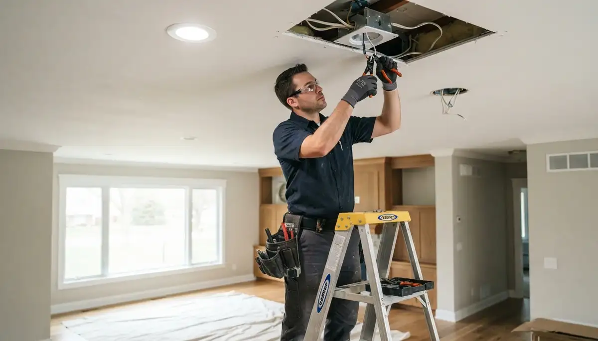 Electrician installing recessed lighting in a Tacoma, WA home