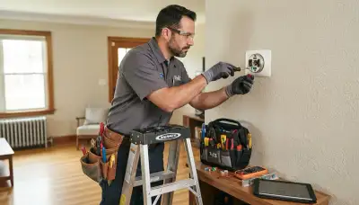 Electrician installing a thermostat in a Tacoma, WA home
