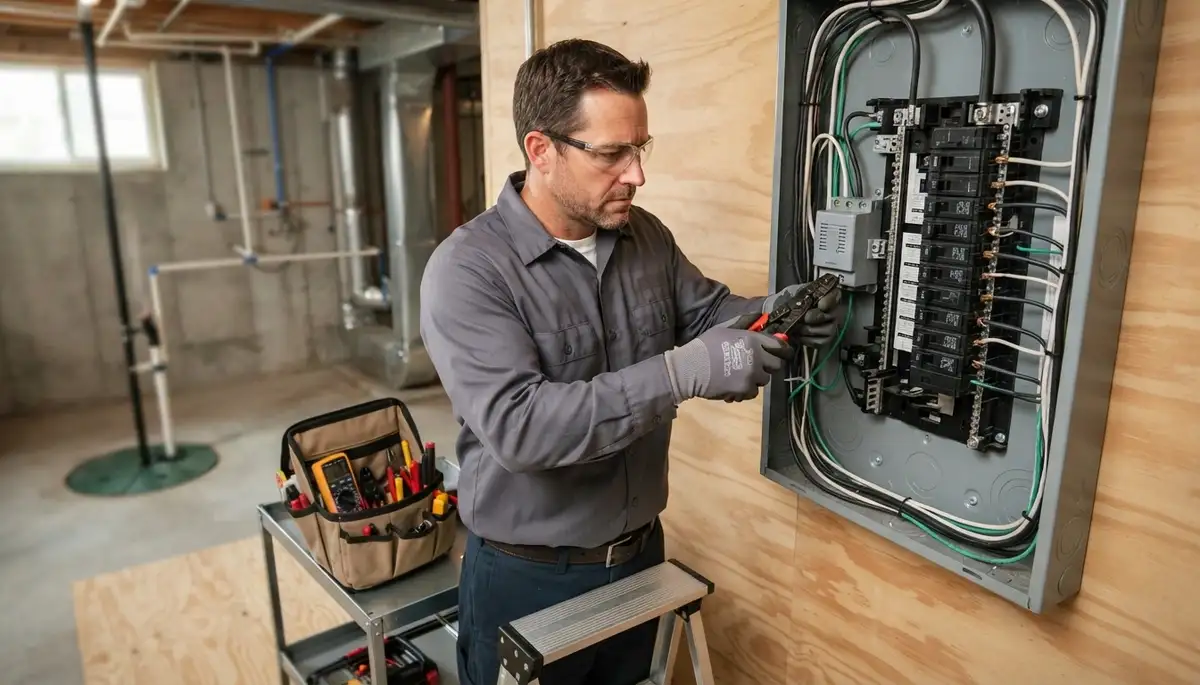 Electrician installing whole-home surge protection in a Tacoma, WA electrical panel